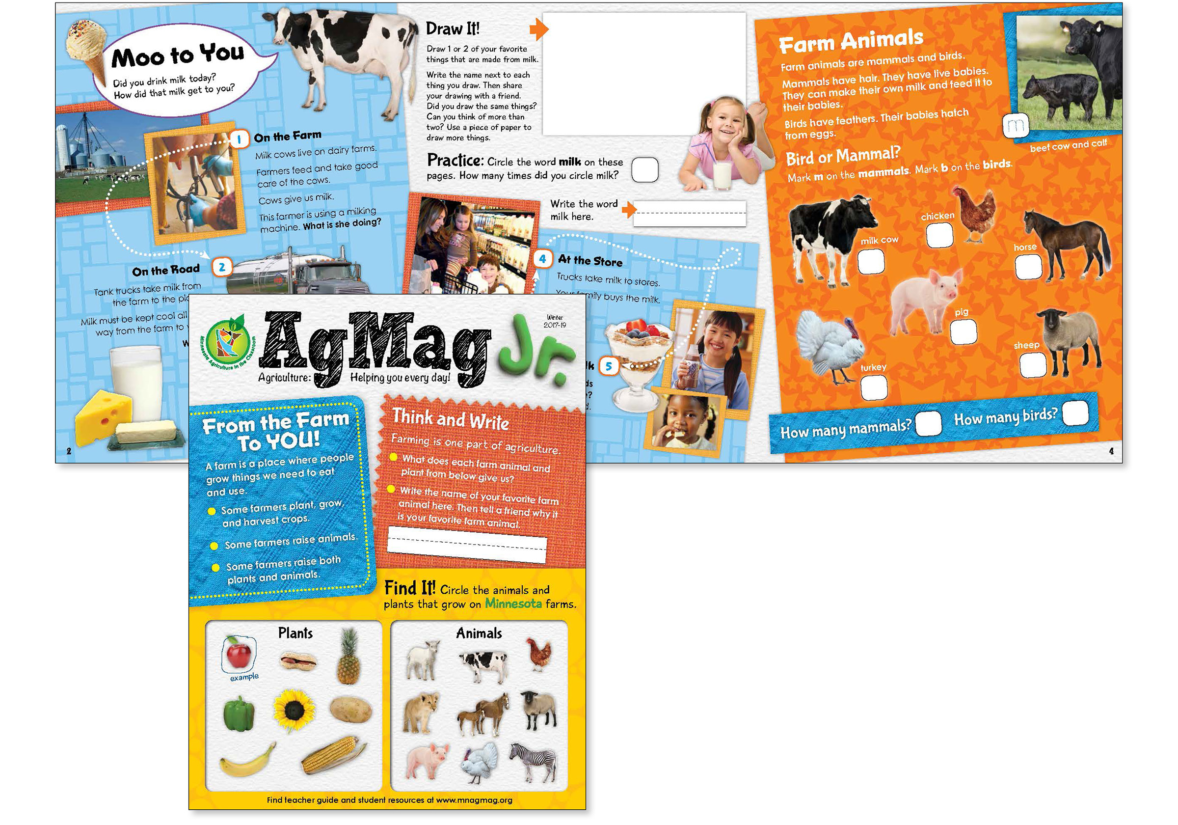 Image of printed magazine, called AgMag, geared toward kids in grades K-2. Text and graphics are geared toward beginning readers, and are colorful and engaging.