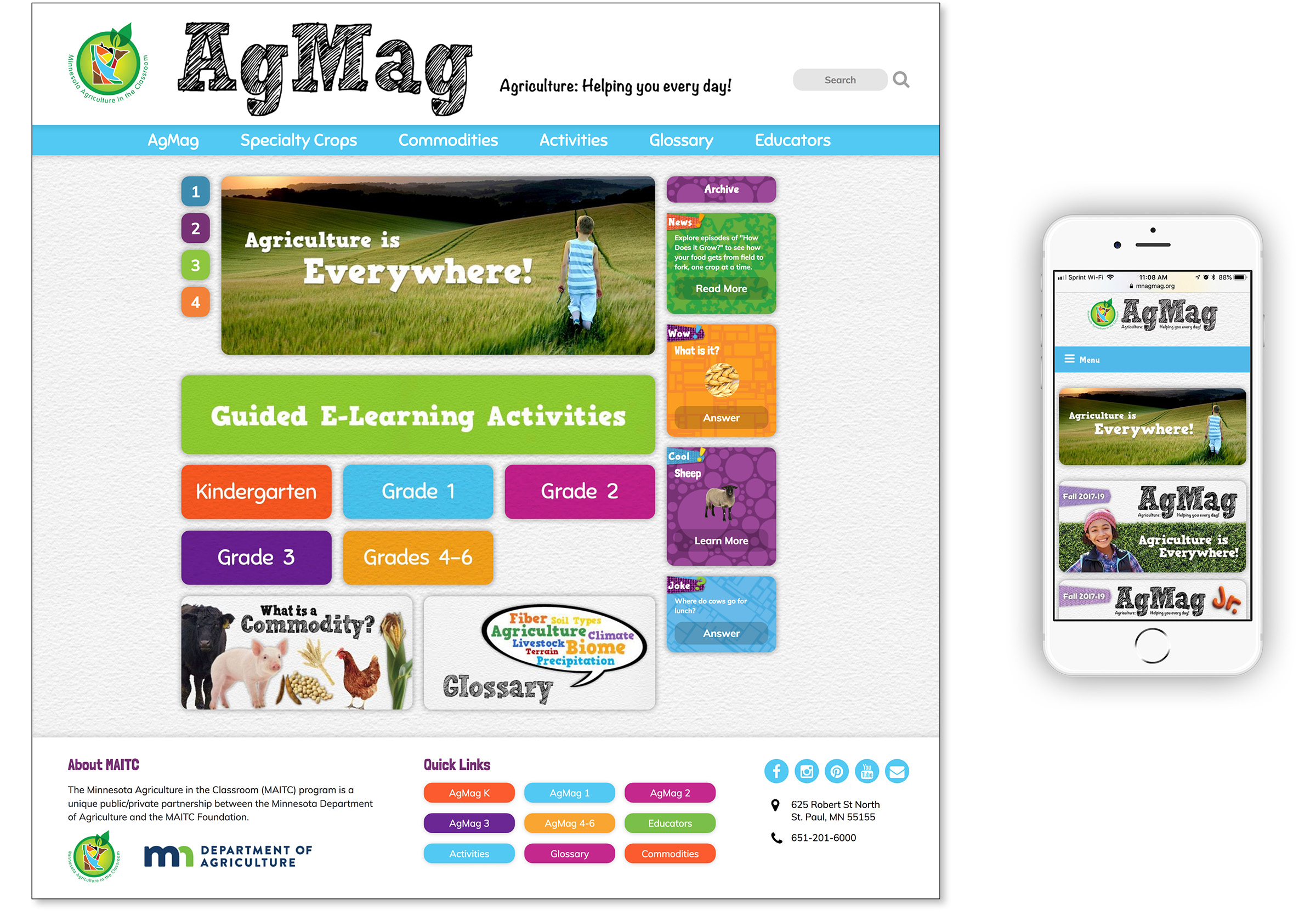 image of the website home page shows colorful and fun graphics geared toward kids in grades K-6 and teachers.