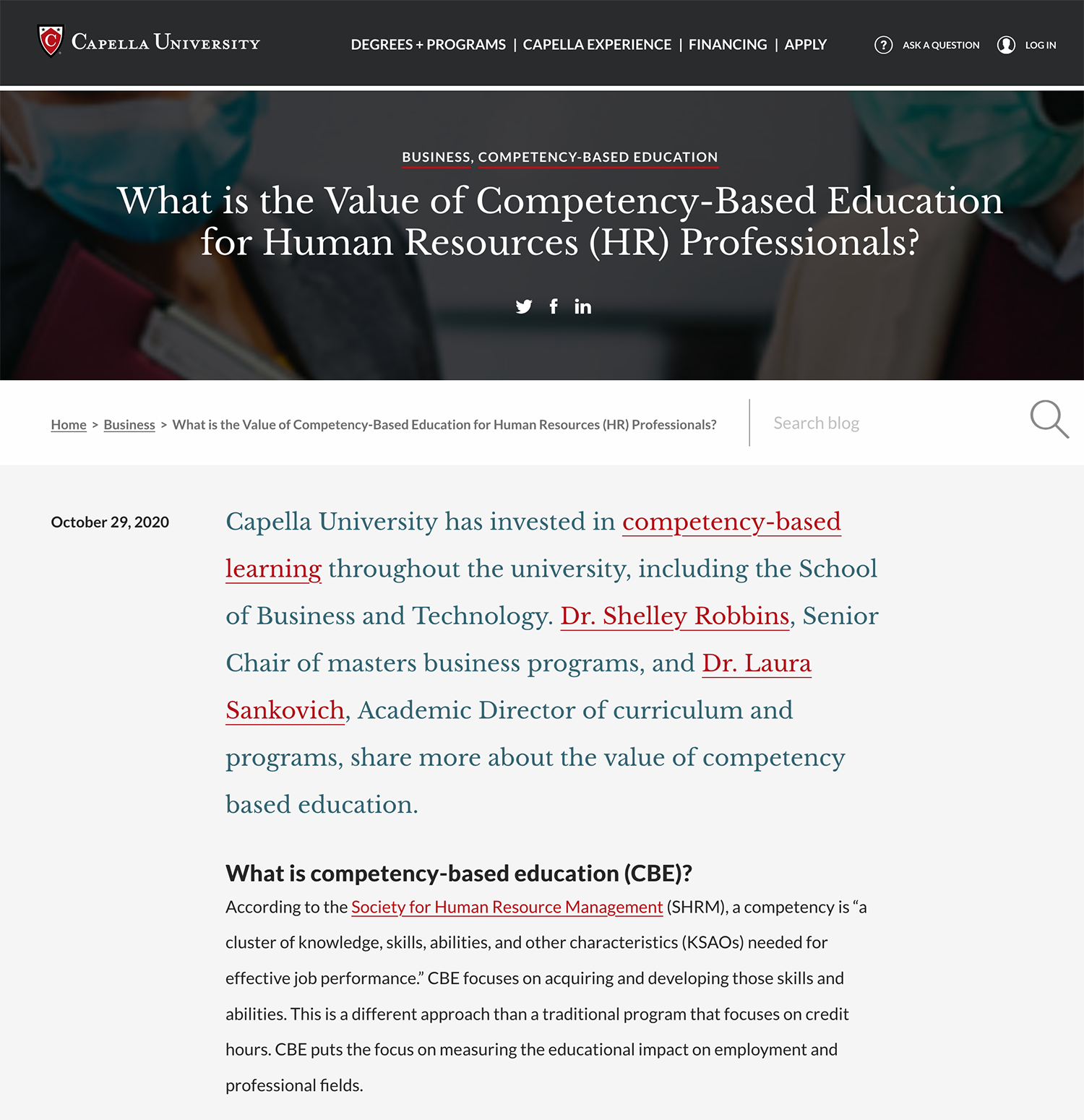 image is a screenshot of a blog article for Capella University.